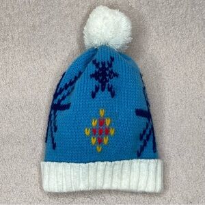 Vintage Kids Pom Beanie Winter Hat-Blue/White-Handwoven-Warm-Cozy-Vtg-Retro-80s